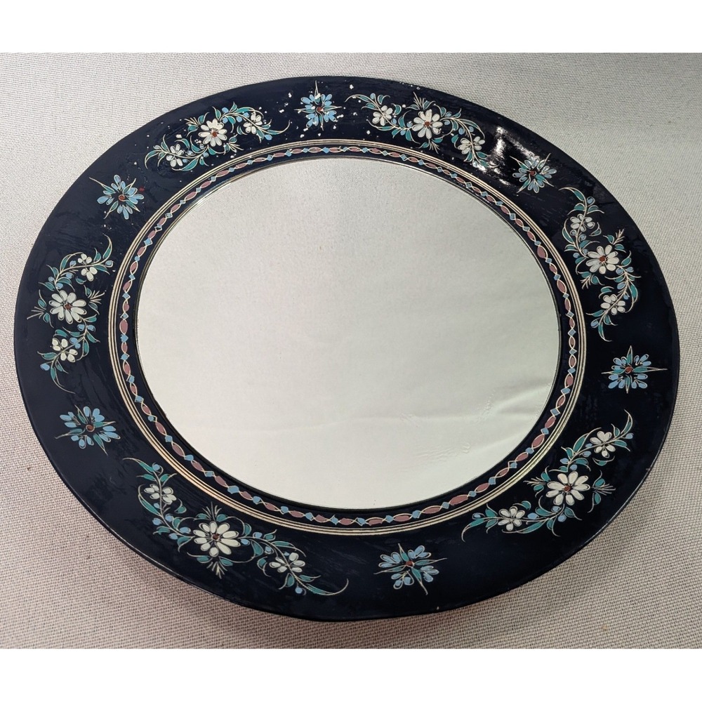 Hand Painted Enamel Floral Copper Wall Mirror 12in Navy Blue Good Boho